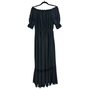 Womens Off The Shoulder Lace Trim Maxi Dress M Black Flowy Goth Victorian Witchy